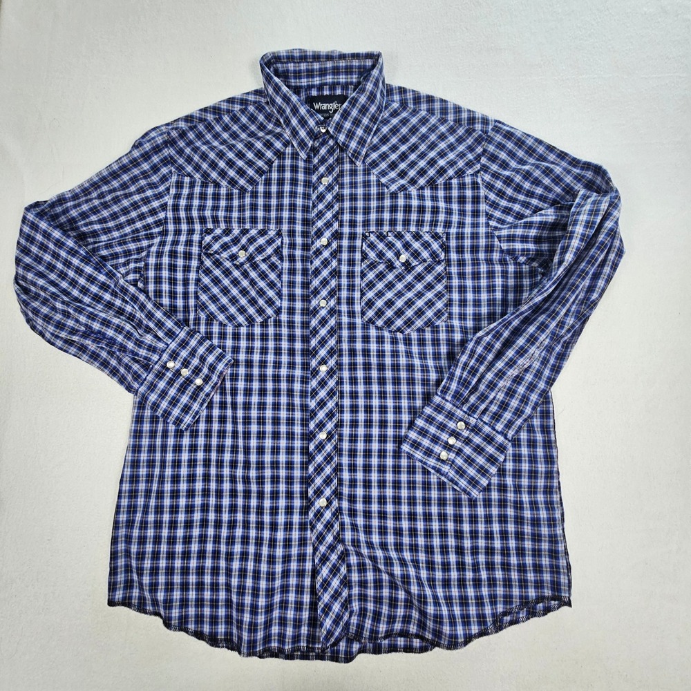 Wrangler Western Shirt Mens Large Blue Plaid Pearl Snap Long Sleeve 75204PP